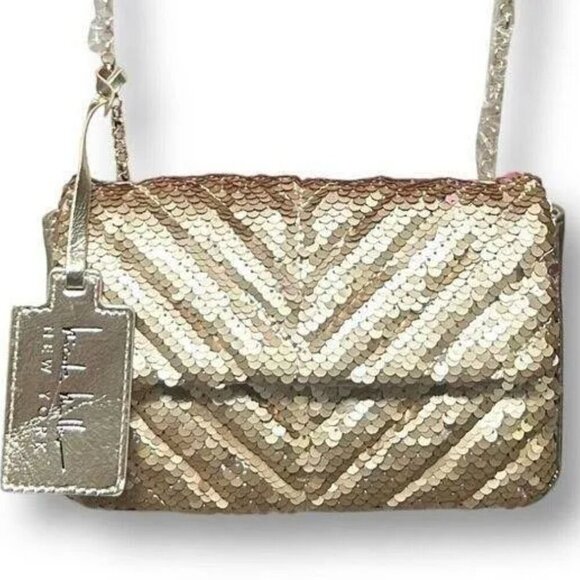 Nicole Miller NWT Gold sequin chevron crossbody bag - Picture 1 of 4